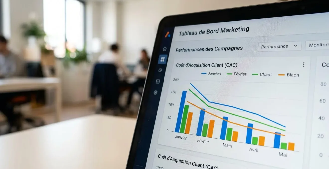 Gros plan sur un écran d'ordinateur portable affichant un tableau de bord marketing avec une courbe de CAC descendante, arrière-plan de bureau moderne légèrement flouté
