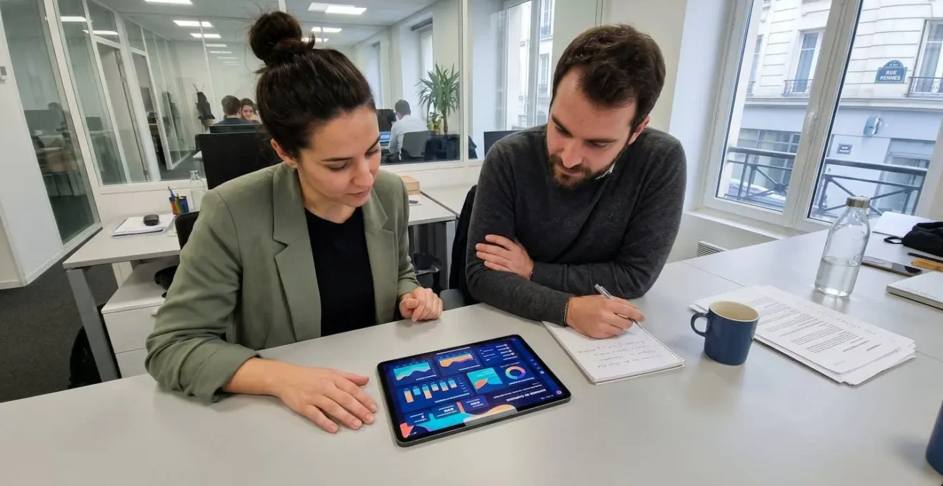 Deux professionnels dans un bureau moderne lumineux analysent ensemble des contenus publicitaires sur une tablette, vus de trois-quarts, concentrés sur l'écran sans regarder la caméra