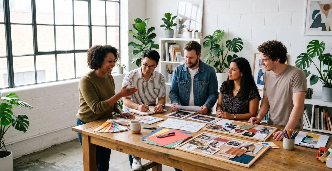 Équipe créative en séance de travail collaboratif dans un studio lumineux avec moodboards et prototypes visuels