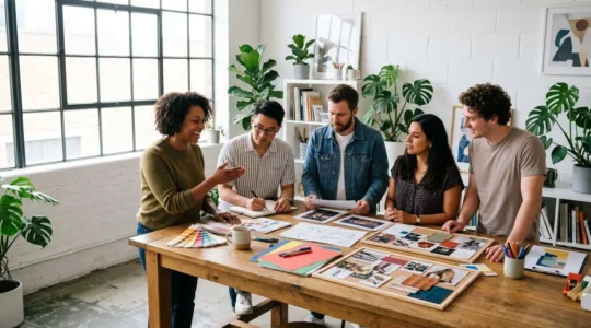 Équipe créative en séance de travail collaboratif dans un studio lumineux avec moodboards et prototypes visuels