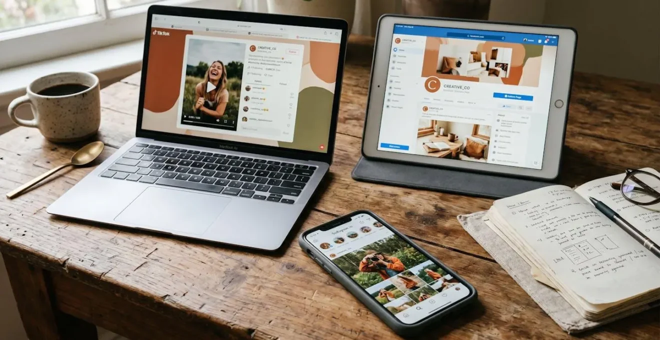 Plusieurs appareils affichant différents réseaux sociaux avec une charte graphique cohérente à travers les plateformes