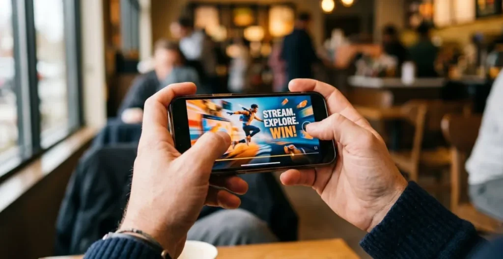 Gros plan sur les mains d'un utilisateur regardant une vidéo publicitaire dynamique sur smartphone dans un cadre quotidien